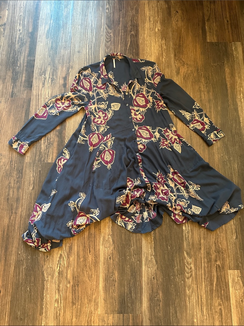 Free People Navy Floral Long Sleeve Button-Front Dress with Burgundy Accents